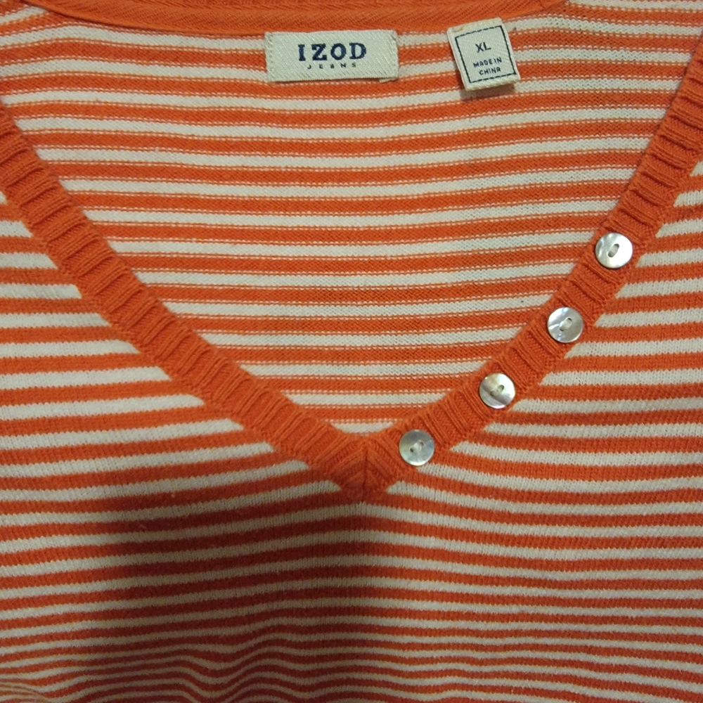 Izod Orange and White Striped V-Neck Sweater - Picture 4 of 4